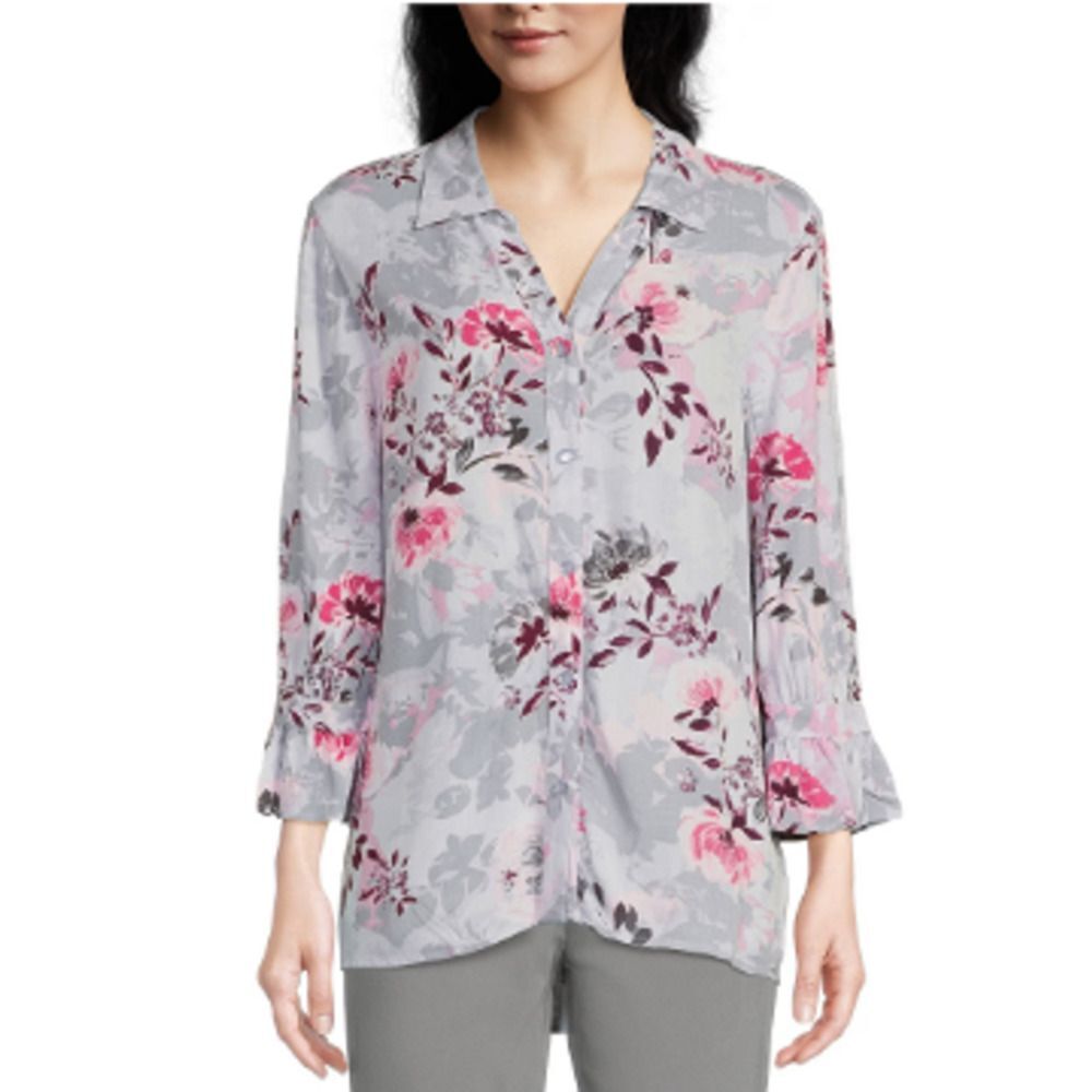 Allison Daley Gray Pink Maroon Floral 3/4 Ruffle Sleeve button up Collar NWT XL